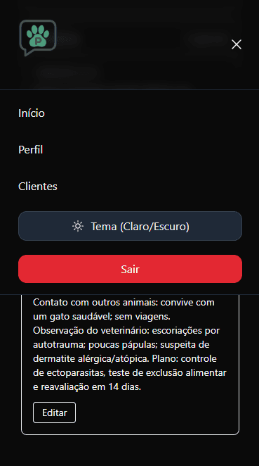 menu do aplicativo